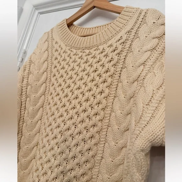 English Factory Cable Knit Legging Sweater Chunky Grandpa Sweater Cream Size-M - Picture 4 of 12